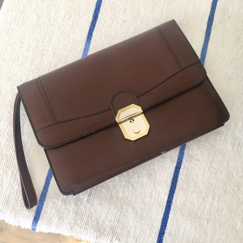 VINTAGE Brown leather clutch with gold and silver